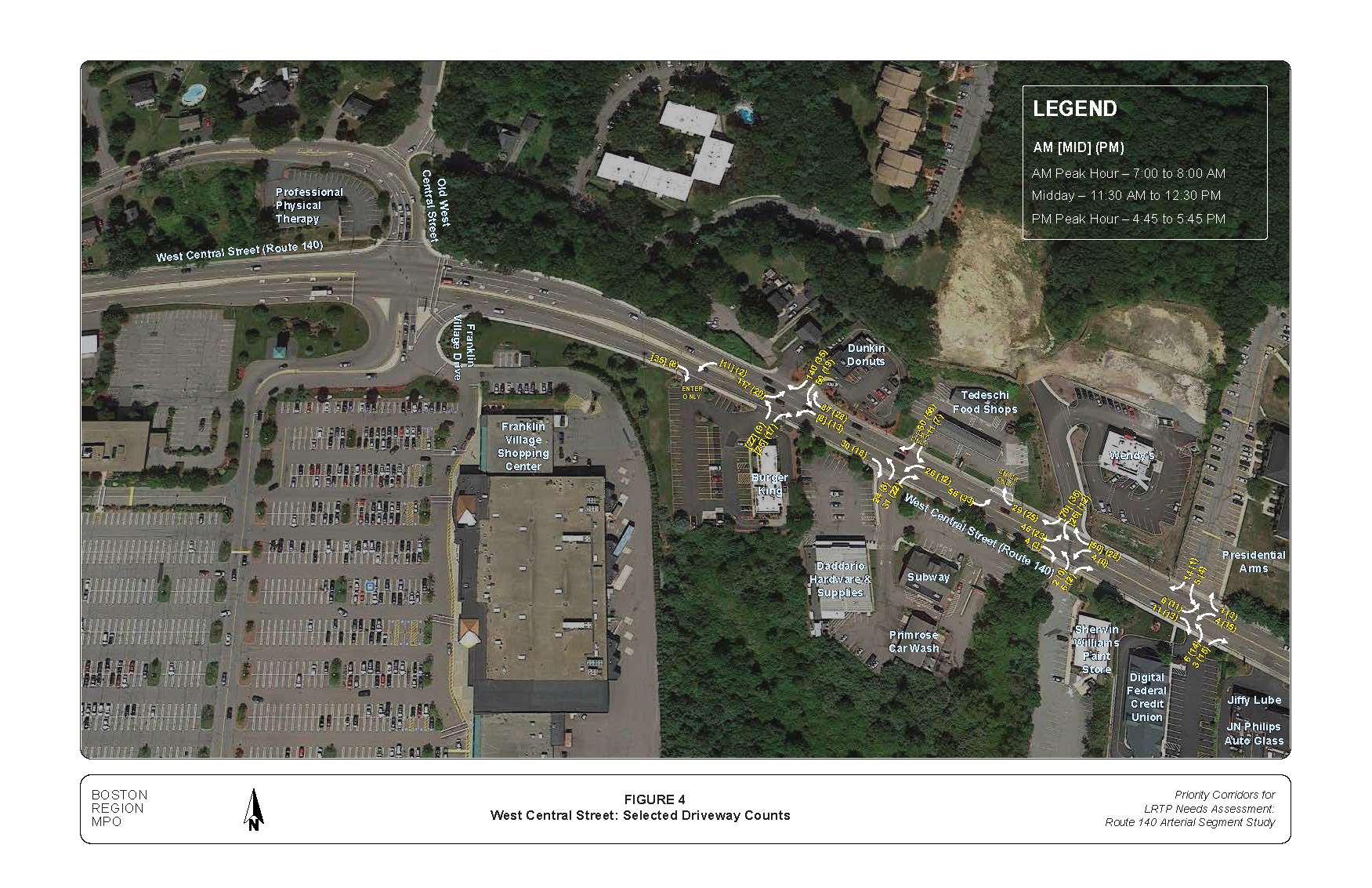 FIGURE 4: West Central Street: Selected Driveway Counts. Aerial-view map that indicates existing peak-hour turning movement volumes for the driveways on West Central Street.